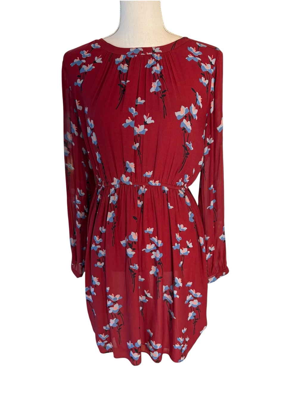 Loft Red Floral Long Sleeved Peasant Dress.  Size S